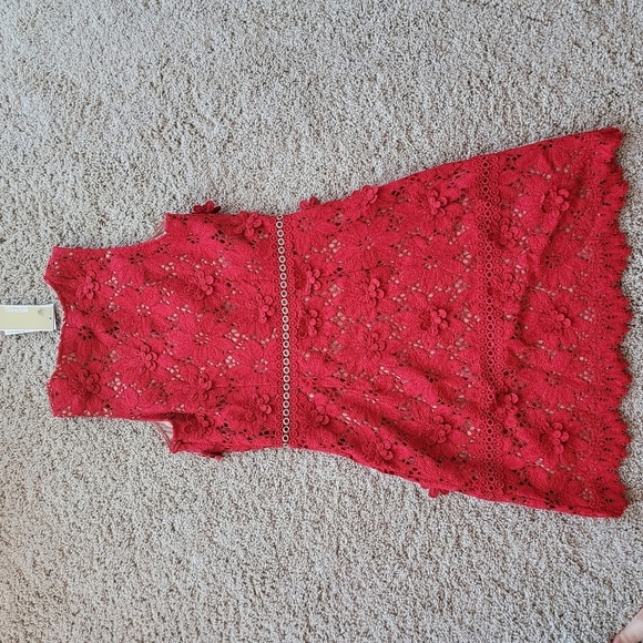 FLORAL Appliqué Lace Floral Dress Michael Kors Size 6 Red and Beige - Picture 5 of 8